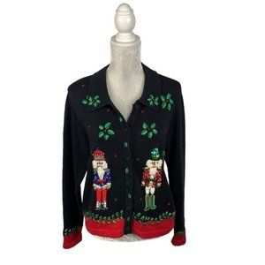 Victoria Jones Petite Embellished Nutcracker Christmas Cardigan Sweater Beads PM